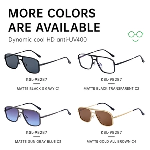 Detailed comparison of four square pilot sunglasses with metal temples and UV400 protection