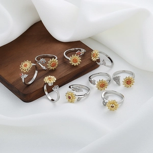 Sunflower Spinner Ring For Anxiety Rotatable Adjustable Anti Stress Copper Zircon Fashion Jewelry Women Sweet Floral Daisy Fidget