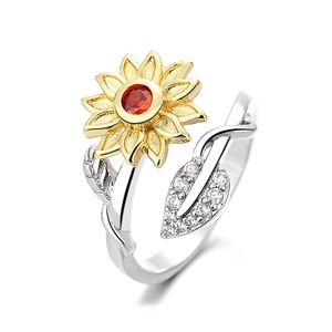 Adjustable sunflower rotating ring with red gemstone and silver vine style band