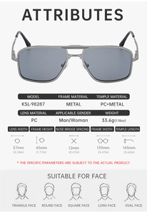 Detailed size specifications for square metal frame sunglasses showing dimensions and weight