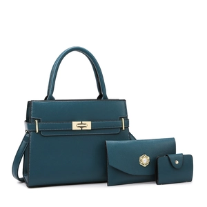 Ensemble de 3 sacs à main vert foncé en cuir avec cabas, pochette et porte-monnaie