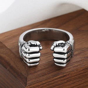 Fist design open ring in retro silver finish for men, power strength hiphop style jewelry