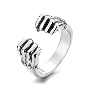 Men's silver hip-hop fist ring with adjustable open design and vintage metal carving