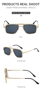 Three views of matte gold double bridge aviator sunglasses with gray lenses on white background