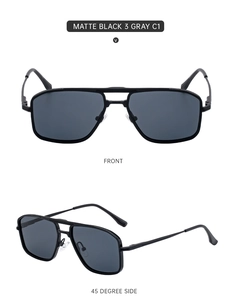 Detail view of matte black square aviator sunglasses with gray lenses from multiple angles