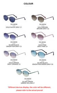 Grid layout showing seven color options for rimless polygonal fashion sunglasses