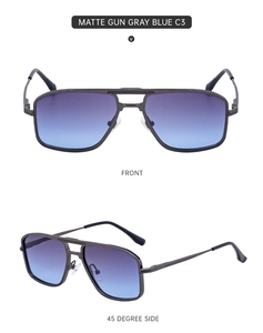 Detail of matte gun gray double bridge sunglasses with blue gradient lenses in two angles