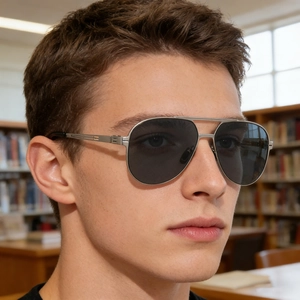 Men's aviator polarized sunglasses with silver metal frame and dark grey nylon lenses