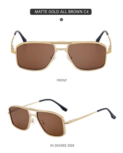 Detailed front and 45 degree side view of matte gold double bridge square sunglasses