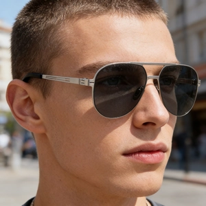Side view of silver aviator sunglasses with gradient lenses worn by a male model