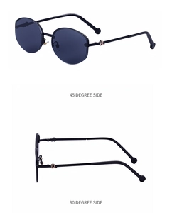 Detail view showing 45 and 90 degree angles of rimless sunglasses with gold metal hinges