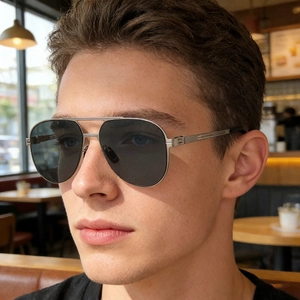 Close-up of silver aviator sunglasses featuring a classic double bridge and metal temples