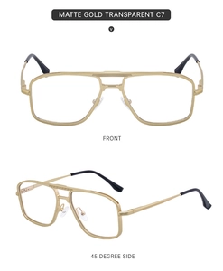 Front and 45-degree side views of matte gold metal pilot glasses with transparent lenses
