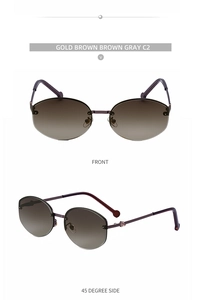 Detailed front and side views of rimless gradient brown lenses with burgundy metal temples