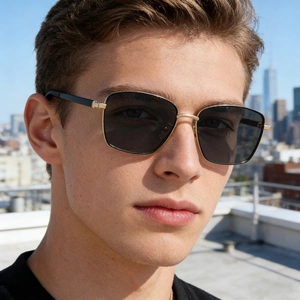 Men's square polarized sunglasses with gold metal frame and dark grey lenses for outdoors