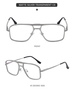 Detail of matte silver double-bridge square frame with non-slip metal texture