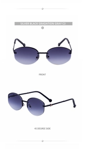 Front and 45-degree side view of rimless silver-black sunglasses with gray gradient lenses