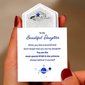Blue star planet ring set with velvet jewelry box and 'To My Daughter' message card