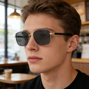 Close-up of square polarized sunglasses with gold metal frame on a male model