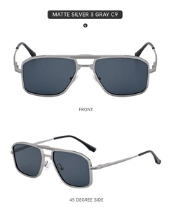 Front and side view of matte silver square sunglasses with metal temples and gray lenses