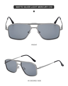 Detail of matte silver metal sunglasses with grey mercury lenses and double bridge design