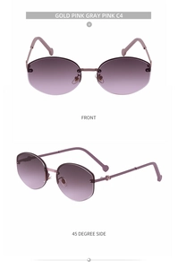 Front and side view of rimless gold pink gradient polygon sunglasses with metal temples