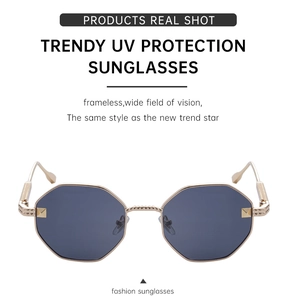Detail view of octagon frameless sunglasses showing UV protection and metal temples