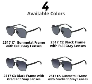 Four pairs of square aviator sunglasses in various frame colors and lens tints