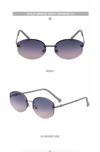 Front and 45 degree side view of rimless polygon sunglasses with orange gradient lenses