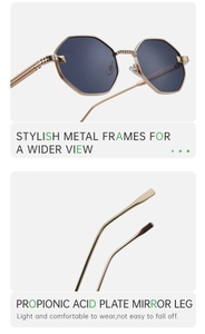 Detail view of octagon metal sunglasses frame with blue lenses and durable cellulose arms