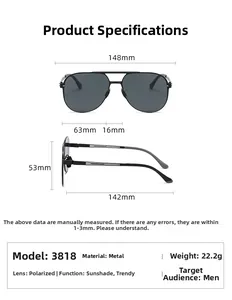 Detailed size chart showing dimensions and specifications for pilot polarized sunglasses