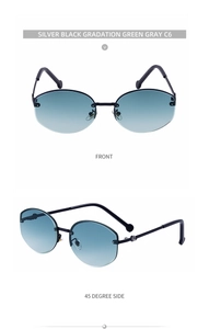 Close-up of rimless gradient green-gray sunglasses showing front and 45-degree side views