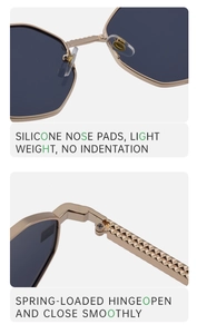 Macro detail of silicone nose pads and textured metal hinges on polygon sunglasses