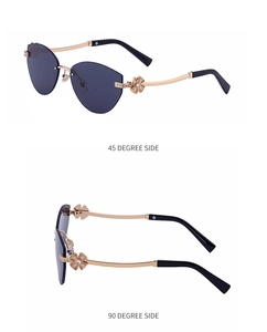 Détail de lunettes de soleil œil-de-chat avec trèfle en strass et branches dorées
