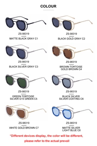 Multiple color options for retro steampunk oval sunglasses with metal bridge and slim temples
