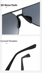 Detail of ergonomic matte black aviator sunglasses showing non-slip nose pads and curved temples