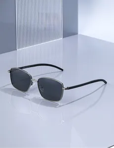Detail view of square polarized sunglasses with silver metal frame and temple model numbers