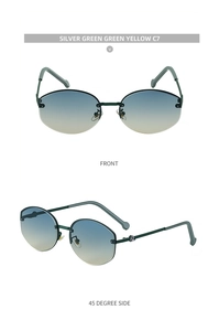 Detail of silver-green semi-rimless sunglasses with blue-yellow gradient lenses and logo