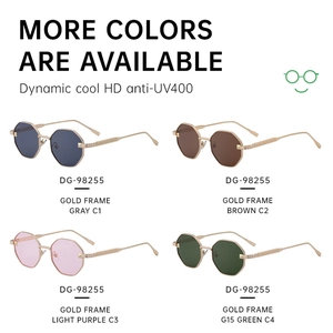 Octagonal polygon sunglasses in four colors with gold metal frames and UV400 lenses