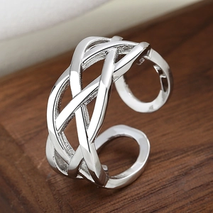 Braided 925 silver plated open ring with adjustable geometric layered woven texture