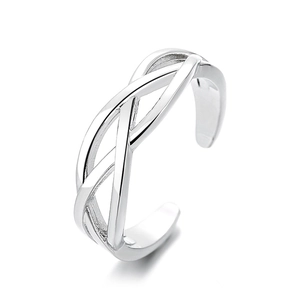 Silver-plated twisted braided ring with minimalist multilayer open design on white background