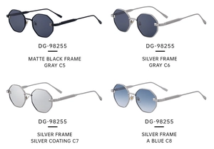 Detailed four-color palette of geometric octagonal sunglasses with textured metal temples