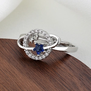 Celestial open ring with blue star stone and sparkling crystal orbital band for women