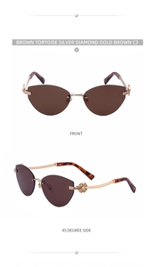Détails de lunettes œil de chat sans monture avec branches trèfle en strass et verres bruns