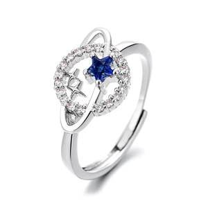 Silver adjustable starry sky ring with a blue pentagram star and micro-pave white crystals
