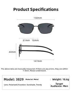Detailed size guide for polarized square sunglasses with 150mm frame width and measurements