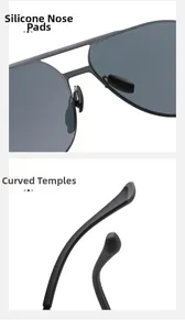 Detail of soft silicone nose pads and ergonomic matte black curved temples on pilot sunglasses