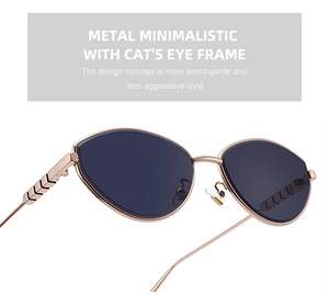 Dettaglio ravvicinato di occhiali da sole cat eye con montatura in metallo minimalista