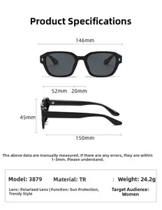 Detailed measurement chart for model 3879 polarized sunglasses showing frame dimensions