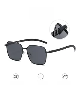Detail view of square polarized sunglasses showing anti-slip temples and sturdy hinges